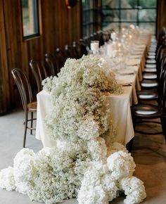 the table is set with white flowers and candles