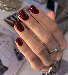 Red Lips And Nails Aesthetic, Russian Manicure Color, Classy Nails Colors, Simple Manicure For Short Nails, September Gel Nails, Neutral Short Nails, Short Square Nails Fall, Merlot Nails, Short Nails Red