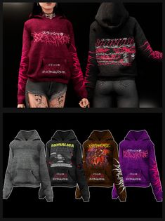 two women's hoodies with different designs on them, one in black and the other in purple