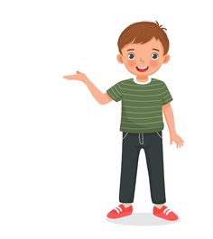 a little boy standing with his hand out and pointing to the side, cartoon character