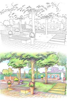 two different views of a park with benches and trees