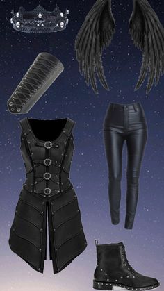 some sort of black outfit with wings and boots on the side, in front of a night sky background