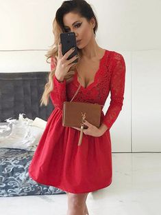 Sexy Red Lace V-neck Long Sleeve Homecoming Dress | Short Party Gown_2018 Homecoming Dresses_Special Occasion Dresses_Fashion Special Occasion Dresses & Wedding Dresses On Sale: Newarrivaldress.com Red Short Homecoming Dresses, Long Sleeve Homecoming Dress, Homecoming Dress Short, A Line Cocktail Dress, Satin Homecoming Dress, Red Homecoming Dresses, Cheap Homecoming Dresses, Short Homecoming Dresses, Lace Homecoming Dresses