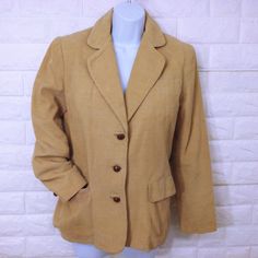 Vintage 70s Outerwear Jacket Blazer Sport Coat | -- Unmarked unbranded corduroy, Women's - Small (6/8), two outer Pockets with flaps, tailored Lined Fitted, classic notched rounded 3" lapel, leather 3-button closure, gathered long sleeves 2-buttons cuff, easy care unknown cotton? blend? in neutral shades of beige tan. -- In pre-owned* condition with general wear to include: existing repairs right sleeve shoulder, random cuff wear/spot, soft worn faded - see pics for details. Style: Chic Classic Fall Blazer With Buttons And Flat Front, Spring Brown Sport Coat With Button Closure, Brown Sport Coat With Button Closure For Spring, Cotton Sport Coat With Double Button Closure For Fall, Vintage Cotton Outerwear With Notch Lapel, Fall Cotton Sport Coat With Single Button, Vintage Single-breasted Cotton Blazer, Spring Long Sleeve Corduroy Sport Coat, Vintage Button-up Blazer With Pockets