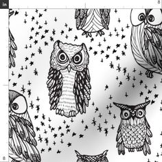 black and white owls with stars in the background