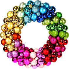 a wreath made out of different colored ornaments