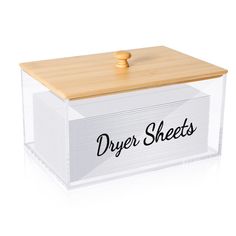 a clear plastic box with a wooden lid and the word dryer sheets printed on it