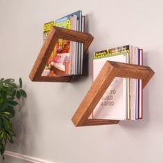 two wooden bookshelves with magazines on them against a wall next to a potted plant