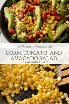 corn, tomato and avocado salad in a skillet with text overlay