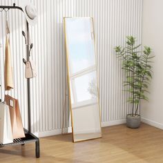 an empty room with a mirror and clothes rack