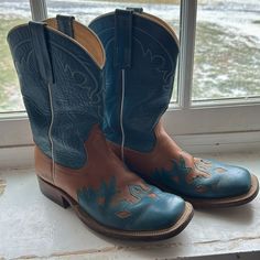 Tan With Blue Detailing, White And Blue Stitching. Soles In Good Shape. Comfortably Worn In Boots. Need Shoe Inserts. Not Firm On Price, Make Me An Offer. 6.5b Western Blue Boots With Round Toe, Blue Western Boots With Round Toe, Western Style Light Blue Round Toe Boots, Blue Leather Boots With Reinforced Toe, Blue Round Toe Boots With Vibram Sole, Blue Western Boots With Almond Toe, Blue Closed Toe Boots With Rubber Sole, Blue Western Almond Toe Boots, Blue Leather Boots With Vibram Sole