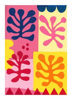 Colorful art poster inspired by Matisse's cutouts, featuring abstract leaf shapes in pink, yellow, navy, and red, set against a playful multi-colored background, perfect for adding a modern art vibe to any space. Organic Abstract Art, Famous Posters, Outdoor Mural, Matisse Drawing, Painting Garden, Matisse Cutouts, Leaf Cutout, Abstract Flowers Print, Shape Collage