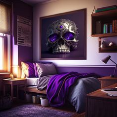 a bedroom with purple walls and a skull painting on the wall