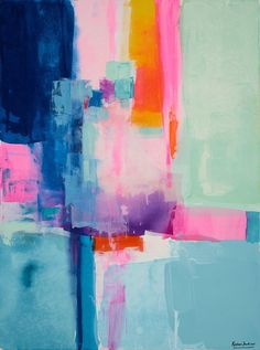 an abstract painting with blue, pink and green colors