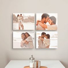 a couple hugging each other in front of four pictures