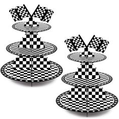 three tiered cake stand with black and white checkered designs