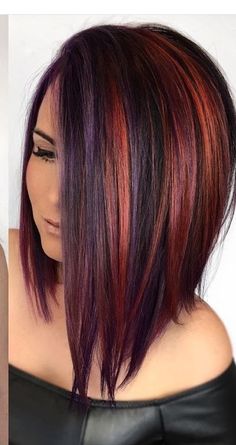 Red & Purple Highlights #highlights Angled Bob Hairstyles, Brunette Bob, Red Makeup, Hair 2018, Haircut And Color, Hair Color And Cut, Medium Hair Cuts, Long Bob, Cool Hair Color