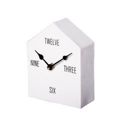 a white clock with the words twelve nine on it