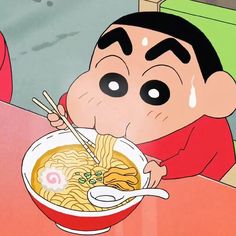 a cartoon character holding a bowl of noodles with chopsticks in front of him