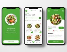 three smartphones displaying food ordering on their screens, one with a salad and the other with