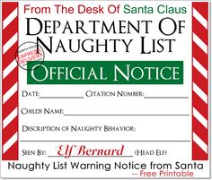 an official notice for the department of santa claus is shown in red and white stripes