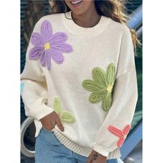 -Item Id 38093275 -Neckline: Round Neck -Sleeve Type: Drop Shoulder -Style: Casual -Type: Pullovers -Color: Multicolor -Pattern Type: Floral, Plants -Sleeve Length: Long Sleeve -Length: Regular -Temperature: Late Fall (10-17/50-63) -Fit Type: Loose -Fabric: Medium Stretch -Material: Knitwear -Composition: 100% Polyester -Care Instructions: Hand Wash Or Professional Dry Clean -Sheer: No **Open To Offers!!!** **Bundle To Save More** **30% Off Bundles Of 2 Or More Items!!** ***Orders Go Out Within Red Christmas Sweater, Turtleneck Tunic Sweater, Sweater Duster, Tie Front Cardigan, Loose Fabric, Floral Sweater, Late Fall, Crochet Shirt, Western Boho