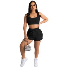 Workout Sleeveless Crop Top High Waist Shorts Set Casual Short Crop Top For Workout, Casual Short Crop Top For Sports, Casual Short Tank Top For Workout, Crop Tops Casual, Sporty Pants, Flat Pant, Vest Crop Top, Women Workout, Crop Top Casual