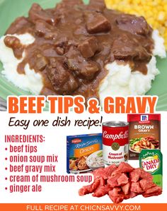 an advertisement for beef tips and gravy