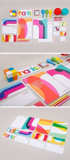 three different types of stationery with various colors and designs on them, including the letter e