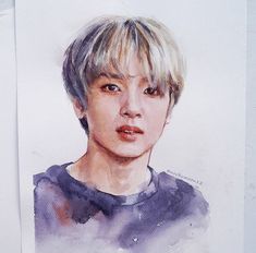 a watercolor painting of a boy with blonde hair and blue eyes, wearing a purple shirt