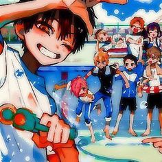 an anime character holding a tennis racquet in front of a group of people