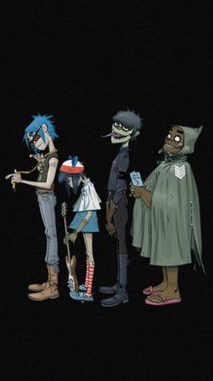 three cartoon characters standing next to each other in front of a black background, one holding a cell phone