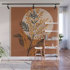 an orange and brown wall mural in a living room with white shelves, a plant on the right side