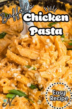 an easy recipe for chicken pasta in a skillet with the title text above it