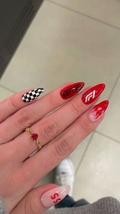 Car Racing Nails Designs, Nails For A Concert, Car Inspired Nails, Race Car Nails Designs, Car Nails Designs, Car Nail Art, Race Car Nails, Mclaren Nails