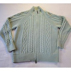 Eddie Bauer Full Zip Sweater, Cable Knit, Size Large. Seafoam Green. Zipper present and working as it should. No obvious signs of wear. No stains, rips or tears. Gently used preowned condition. Made of 60% Cotton, 40% Acrylic. Please see pictures for measurements and details. Seafoam Green, Zip Sweater, Eddie Bauer, Cable Knit, Sweater Outfits, Sweat Shirt, Favorite Outfit, Gender Neutral, Bathing Beauties