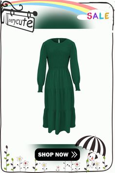 Green Crew Neck Smocked Swing Midi Dress Green Smocked Long Sleeve Dress For Fall, Green Long Sleeve Smocked Dress For Fall, Green Casual Smocked Dress For Fall, Solid Long Sleeve Smocked Dress With Ruched Detail, Long Sleeve Smocked Dress With Ruched Detail, Solid Smocked Long Sleeve Dress, Casual Green Smock Maxi Dress, Solid Color Long Sleeve Smocked Dress With Smocked Cuffs, Long Sleeve Smocked Dress With Smocked Cuffs