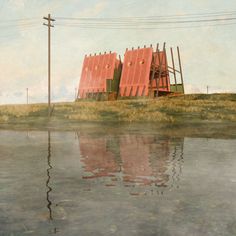 an oil painting of two red chairs sitting on top of a hill next to a body of water