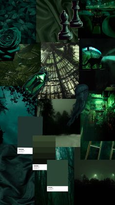 a collage of green and black images