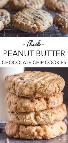 chocolate chip cookies stacked on top of each other with the words, milk - peanut butter chocolate chip cookies