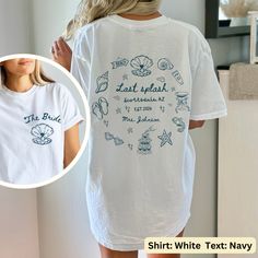 a woman wearing a white t - shirt with the words don't speak and seashells printed on it