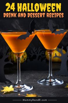 two glasses filled with halloween drink and topped with orange garnish on the side