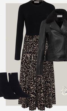 Leopard Skirt Winter Outfit, Leopard Print Work Outfit, Black Corduroy Skirt Outfit, Winter Skirt Outfit With Boots, Leopard Skirt Outfit, Midi Dress Long Sleeve, Wardrobe Tips, Outfits Chic, Mode Casual