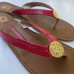 New! Size 10 Cute Nd New Directions Flip Flops Deep Red Thong Flat Sandals In Snakeskin Pattern With Round Gold Color Emblem Medallion Accent. In New Condition With Original Sticker Tag. No Box. Some Slight Material Lift During Shelf Life So Priced Accordingly. Please View Pics Carefully For Condition, Material & Measurements. (Feel Free To Comment Below If Additional Info Is Needed). Please Browse My Closet To Bundle & Save! Thanks For Visiting “In The Past Lane”. Red Leather Flip Flops For Vacation, Red Toe Post Flip Flops For Spring, Red Adjustable Sandals With Single Toe Strap, Red T-strap Sandals For The Beach, Red Toe Post Flip Flops For Vacation, Red Adjustable Toe Post Sandals, Adjustable Red Open Toe Flip Flops, Red Adjustable Synthetic Sandals, Adjustable Red Synthetic Sandals