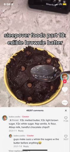 a cake with chocolate chips on it and the caption says, sleepover foods part 10 edible brownie batter