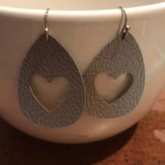 Silver Oval Shaped Leather Earrings With Heart Cutout. 1.5 Inch. Earrings Color, Leather Earrings, Jewelry Earrings, Women Jewelry, Silver, Leather, Women Shopping, Color