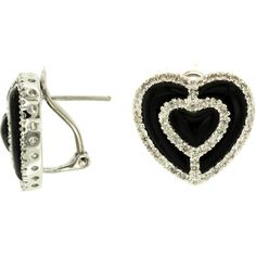 Radiant 14K White Gold Diamond & Black Onyx Heart Earrings Luxury Black Enamel Earrings For Anniversary, Elegant Heart Cut Evening Jewelry, Luxury Black Round Clip-on Earrings, Luxury Black Clip-on Earrings For Formal Occasions, Black Pierced Earrings In Fine Jewelry Style, Black Pierced Earrings Fine Jewelry, Luxury Black Sterling Silver Earrings, Luxury Double Heart Earrings For Formal Occasions, Black Earrings With Diamond Accents