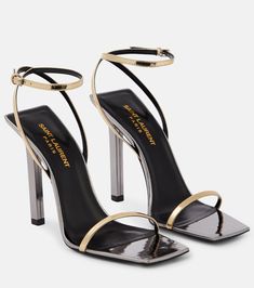 Pam Metallic Leather Sandals in Gold - Saint Laurent | Mytheresa Dr Shoes, Shoes Heels Classy, Heels Classy, Fancy Shoes, Girly Shoes, Aesthetic Shoes, Saint Laurent Shoes, Crazy Shoes