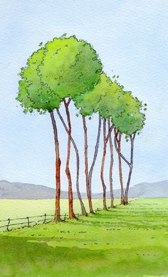 watercolor painting of three trees in a field