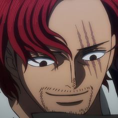 an anime character with red hair and blue eyes looks at the camera while staring straight ahead